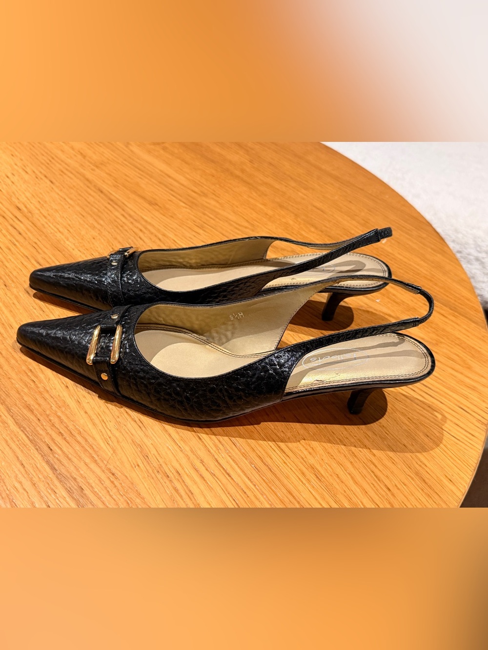 Talbots Black Pointed Slingback Kitten Heels with Gold Accent